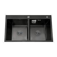 Мойка кухонная врезная, Diadonna, нержавеющая сталь, 780х500х200 мм, двойная, серый графит, DS7850BT